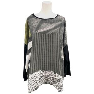 Andrea Geer Wearable Art Sgraffito No 5 Boxy Tee, Lagenlook Grey/Green, Size S/M